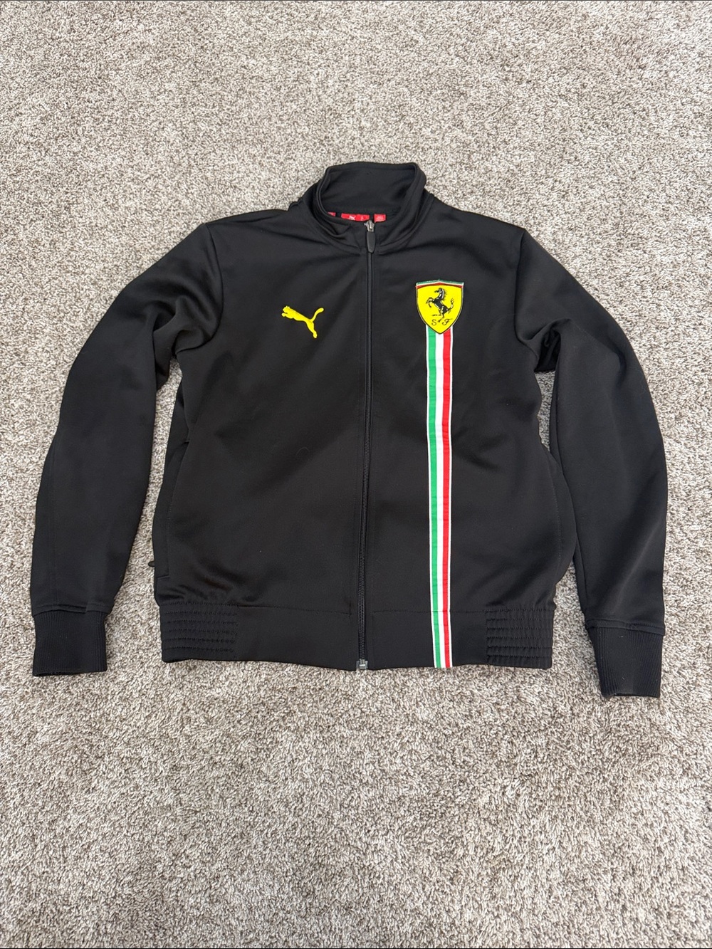 Puma Black Track Jacket with Yellow Logo and Tricolor Stripe